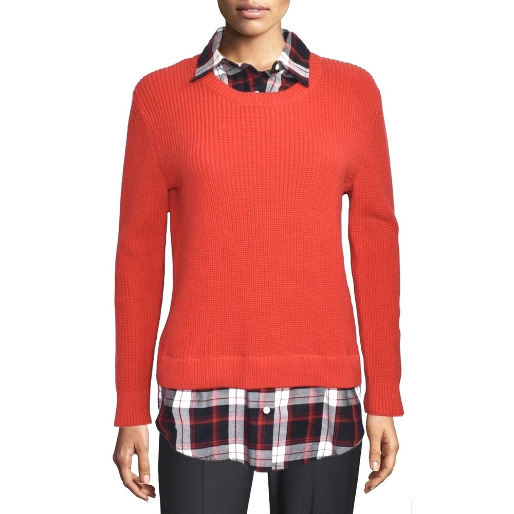 Lauren Ralph Lauren Chunky Knit Twofer Plaid Collar Sweater Women's Size Large